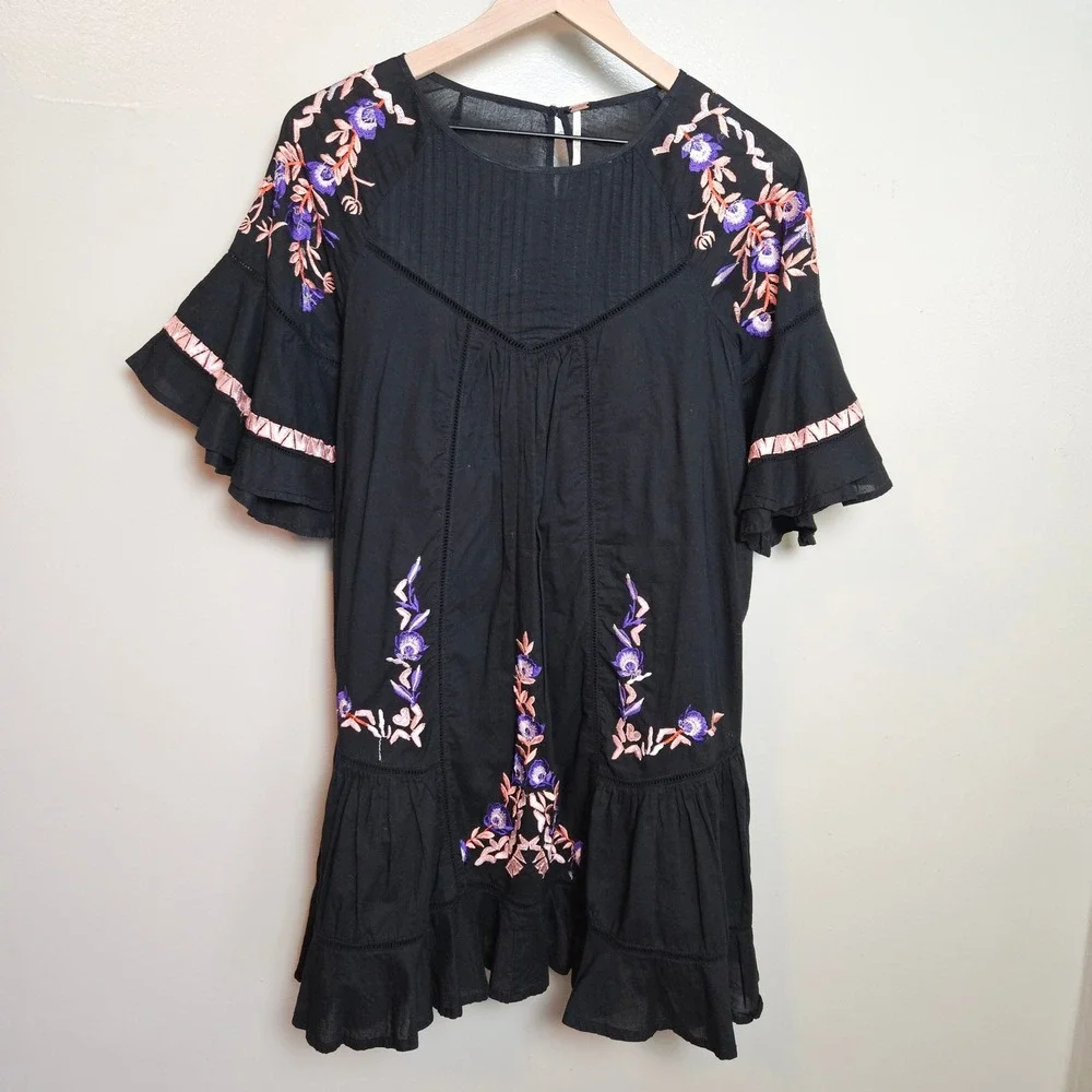 Free‎ People Pavlo Embroidered Babydoll Mini Dress Tunic Sz S Black Ruffle
